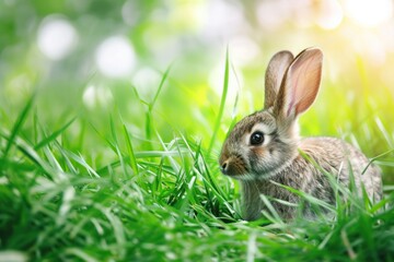A small rabbit sitting in the grass, gazing at the camera