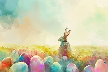 A happy rabbit paints a natural landscape of Easter eggs in a grassy field