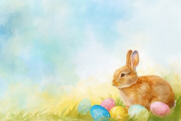 A wood rabbit is sheltered by the grass next to Easter eggs