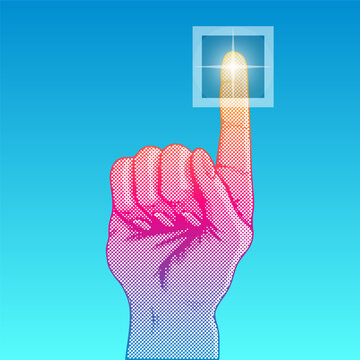 Illustration moderne couleur fluorescente, d’une main faisant avec son doigt le geste de cliquer sur un bouton.