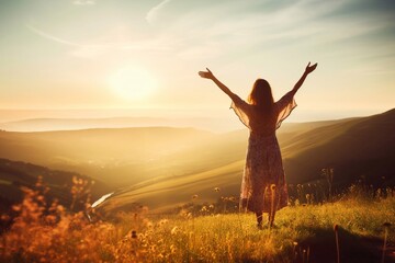 
Carefree Happy Woman Enjoying Nature on Grassy Meadow on Top of Mountain Cliff with Sunrise. Beauty girl outdoors. Freedom concept