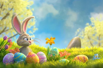 Fotobehang a bunny is standing in a field of easter eggs and flowers © Anna