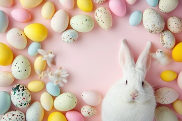 Fototapeta na wymiar A white rabbit surrounded by Easter eggs on a pink background
