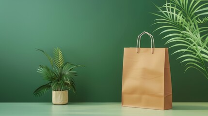 Paper shopping bag on a green background. Place for text