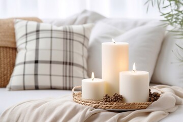 Fototapeta na wymiar Composition of candles on white table against the background of sofa with plaids and pillows. Cozy home concept