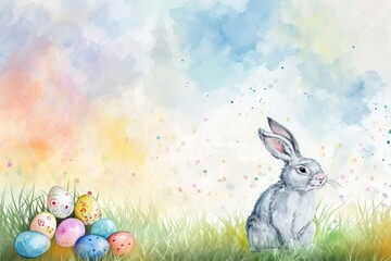 A happy rabbit is lounging in the meadow next to a pile of colorful Easter eggs