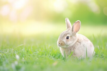 A small rabbit is sitting in the grass, gazing at the camera
