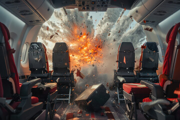Airplane Interior Explosion Mid-Flight, Concept of Aerial Danger and Aviation Emergency Situation. Concept of fight against terrorism or anti-terrorism. - obrazy, fototapety, plakaty
