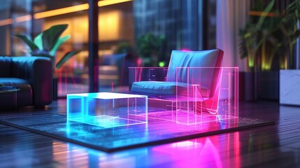 Obraz na płótnie Canvas A hologram presentation of a furniture design concept allowing viewers to interact with the holographic furniture pieces and customize