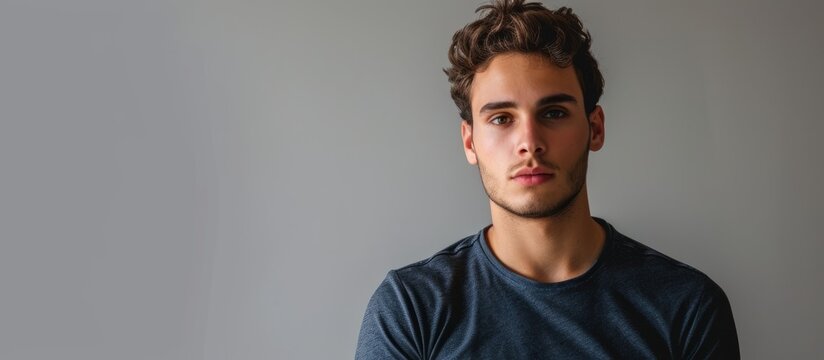 A young man with a beard, wearing a blue t-shirt, is looking at the camera with a smile. His facial hair frames his jaw, and he is wearing eyewear. The flash photography highlights his eyelashes.