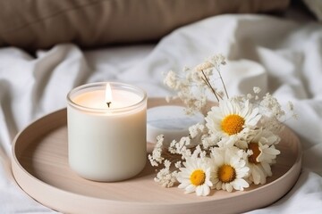 Obraz na płótnie Canvas Handmade candle from paraffin and soy wax in glass jar on concrete tray. Candle making. Minimalism. Luxurious white tray decoration, home interior decor with burning aroma candle with white dry flowe