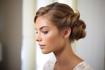 Fototapeta premium Hair and makeup that emphasize beauty. Wedding hairstyle. Morning of the bride