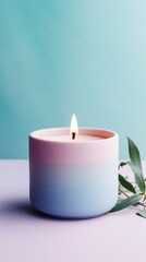 Fototapeta na wymiar Handmade olive wax different forms blue color candle on a duotone pastel pink and white background. Sustainability vegan candle, natural materials. Minimalistic, modern photo. Copy space. Horizontal.