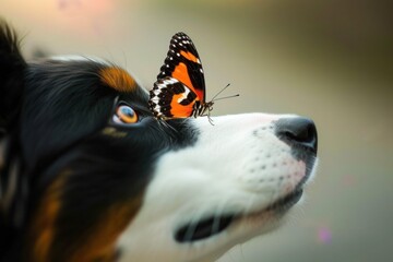 a butterfly is perched on the nose of a dog
