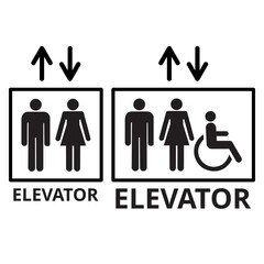 Señal de ascensor y señal de ascensor para personas discapacitadas sobre un fondo blanco aislado. Vista de frente y de cerca. Copy space