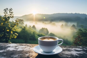 Morning gratitude and positive intentions. Coffee, nature, table, notebook