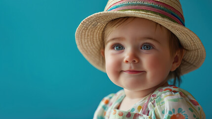 close-up of a cute baby in a happy mood sweet smile wearing a straw hat on a pastel blue background.