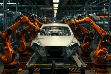 a car is being built in a factory by robots