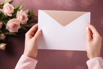 Obraz premium Romantic message for his beloved woman. Hands holding paper letter. Empty space for your text. Top view