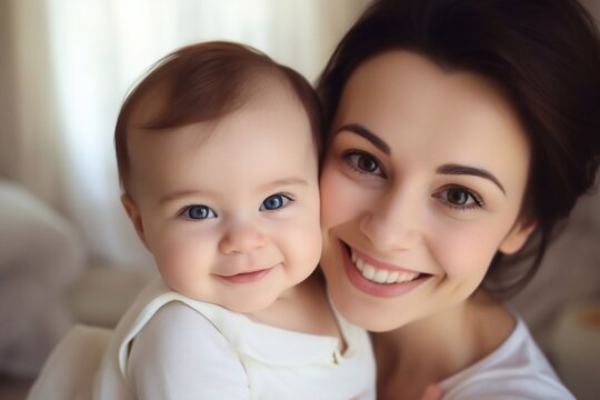 Mother and baby closeup portrait, happy faces, family picture, adorable small boy, mom and kid having fun indoor, parents joy, holding little child, healthy toddler and mommy, happiness concept