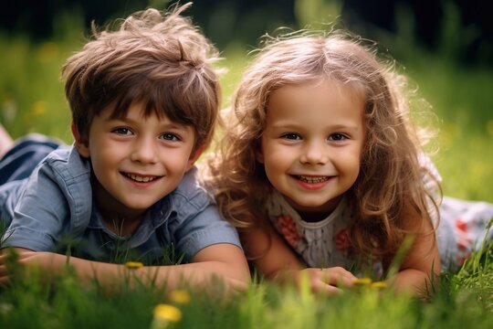 Photo of brother and sister having fun in the park, two cheerful children lying on green grass, little girl and boy playing outdoors, best friends, happy family, love and happiness concept