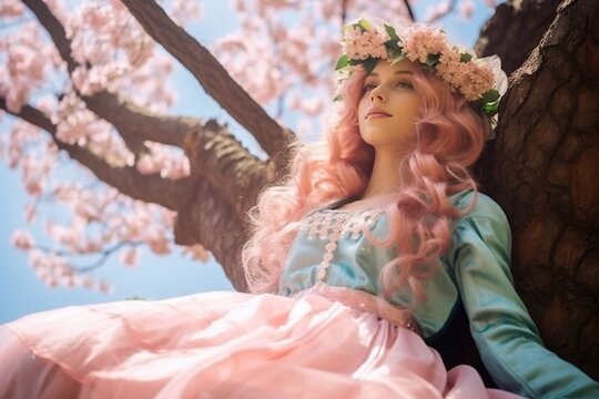 Beautiful photo of the mystical nature of a tree bark princess waking up on a spring morning over a pastel pink background