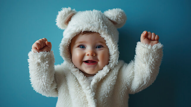  a baby in a cute white furry hoodie with bear ears, on a pastel blue background.