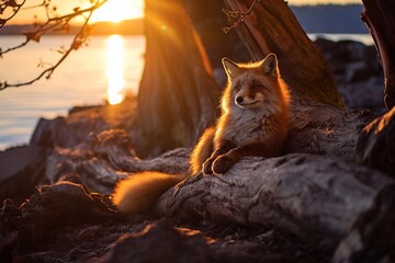 Tan at first light. The fox basks in the sun's heat