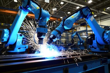 a group of robotic arms are welding a piece of metal in a factory