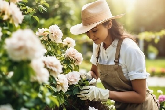Beautiful a young woman admiring her summer garden. A gardener in an apron and hat looks at the flowers. I am proud of the result. Gardening concept