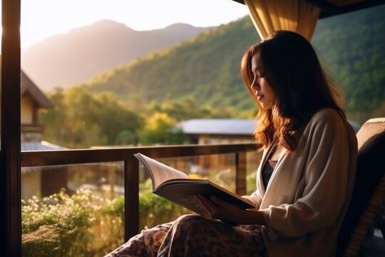 young woman reading book near window and looking mountain view at countryside homestay in the morning sunrise. SoloTravel, journey, trip and relaxing concept