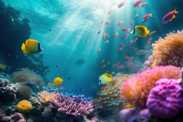 a coral reef with lots of fish and sea anemones in the ocean