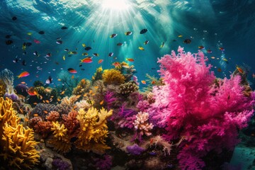 Fototapeta na wymiar a coral reef with colorful corals and fish in the ocean