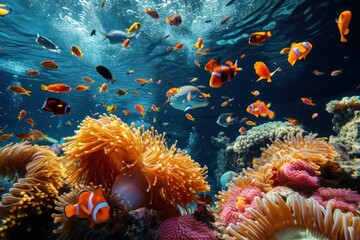Fototapeta na wymiar Underwater ecosystem of coral reef with clown fish, sea anemones in fluid water