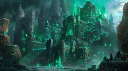 Enchanted Crystal Metropolis: Ethereal Green Glow of a Fantastical City.