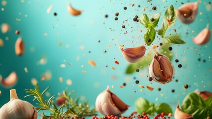 Obraz na płótnie Canvas Levitating Garlic Cloves and Herbs Against a Vibrant Teal Background in Studio Setting