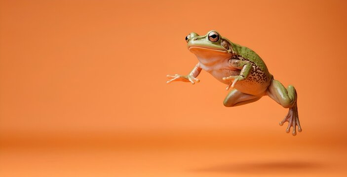 A jumping frog on a light orange background, with space to copy