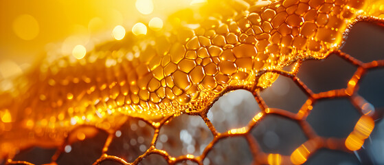 Macro texture of honeycomb, concept of natural structure and pattern, golden and organic design, close-up of beeswax cells