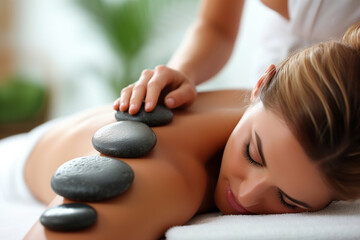 Obraz na płótnie Canvas Woman enjoying exotic hot stones spa massage, relax 