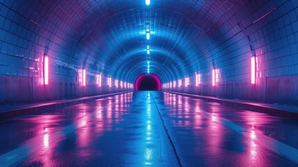 The eerie glow of subway lights illuminates the slick pavement of a dark tunnel, creating a sense...