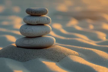 Fotobehang Stacked zen stones sand background, art of balance © Anna