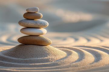 Fototapeta na wymiar Stacked zen stones sand background, art of balance