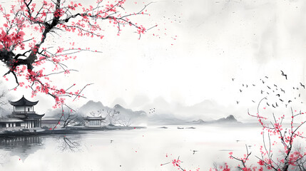 Chinese traditional landscpae with old paper texture featuring plum blossom - obrazy, fototapety, plakaty