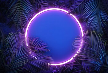 Neon framed blue neon circle, in the style of tropical landscapes, detailed foliage, textured backgrounds, vibrant stage backdrops, nature tropical symbolism, shaped canvas.