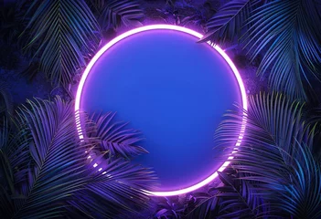 Papier Peint photo Bleu foncé Neon framed blue neon circle, in the style of tropical landscapes, detailed foliage, textured backgrounds, vibrant stage backdrops, nature tropical symbolism, shaped canvas.