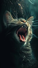 Close-Up of a Domestic Cat Yawning or Roaring Captured Against a Dark Background