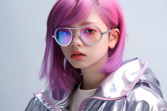 a woman with pink hair and silver sunglasses