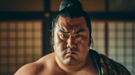 Afwasbaar fotobehang Intense Focus of a Professional Sumo Wrestler Preparing for a Match in Japan © Viktoriia