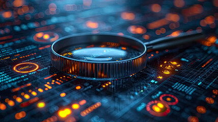 Precision Technology Analysis with Magnifying Glass - In-Depth Circuit Board Examination for Optimized Digital Solutions, AI Generated