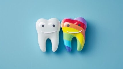 Whimsical and Colorful Tooth-Shaped Figures Against a Blue Background